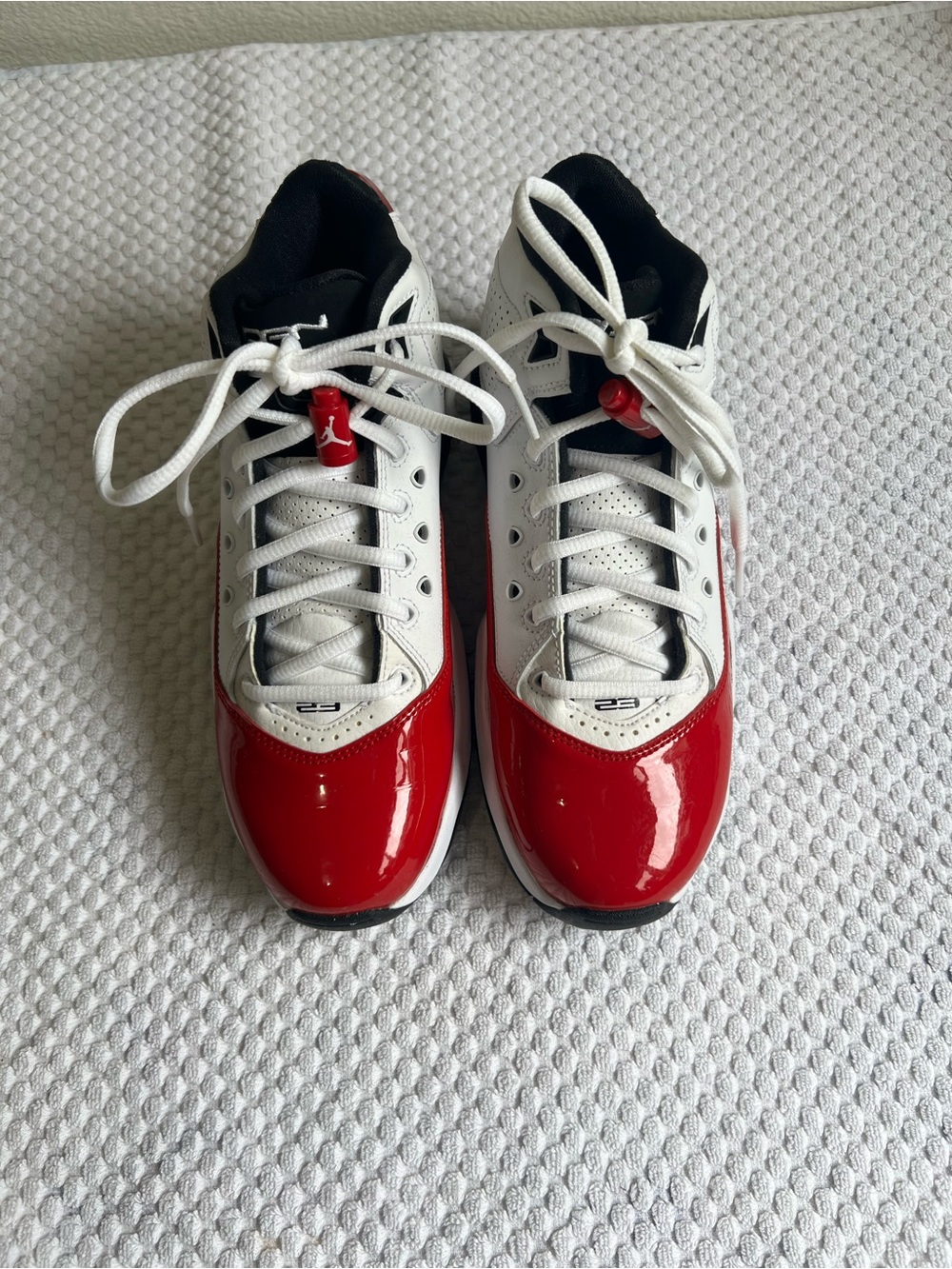 NWOT Nike Air Jordan Kids White and Red Patent Toe Sneakers